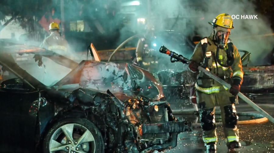 Wreckage seen after a fiery crash in Woodland Hills killed two people on Nov. 1, 2022 (KTLA)