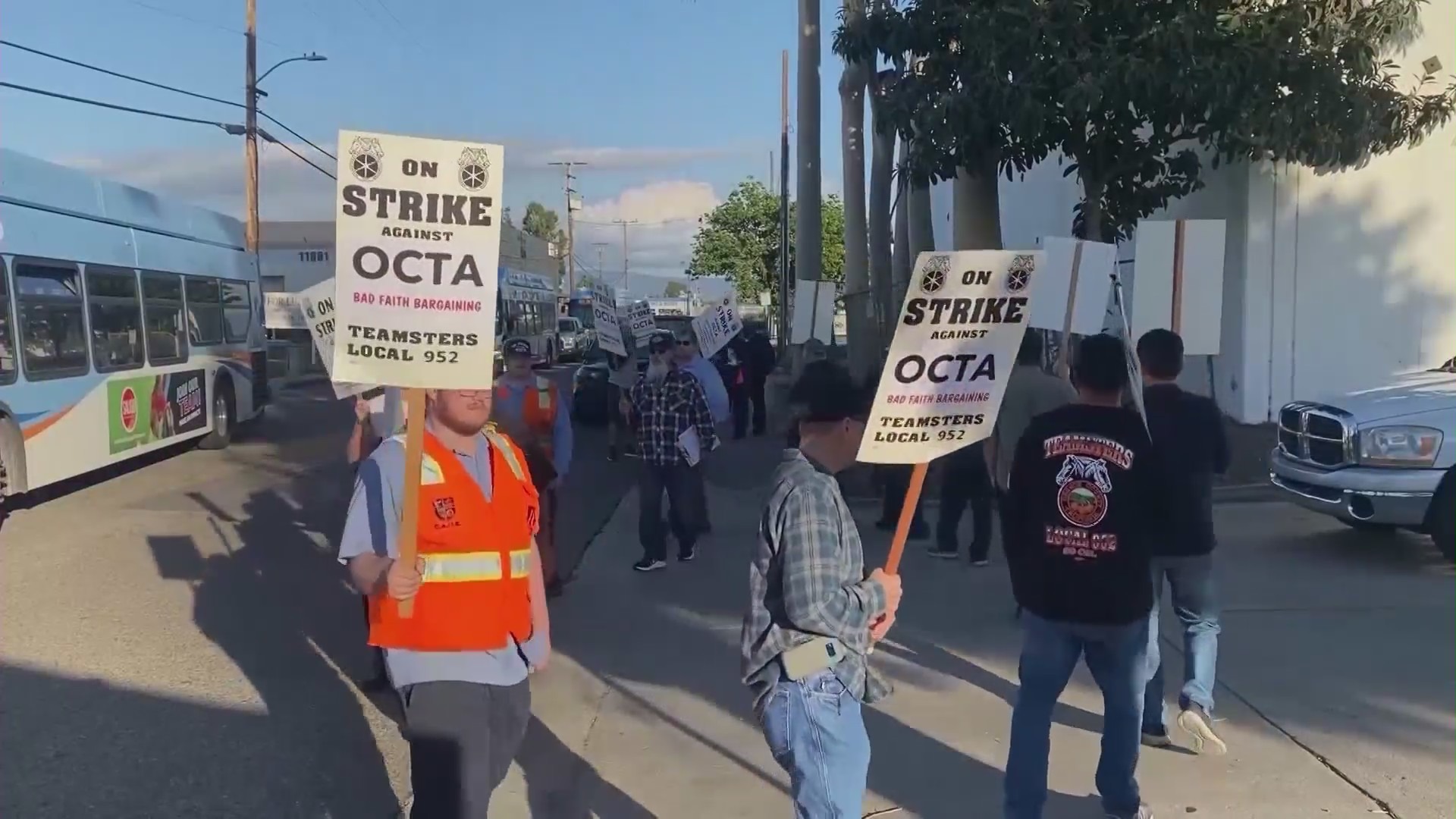 Teamsters members picketed the Orange County Transportation Authority on Nov. 3, 2022. (KTLA)