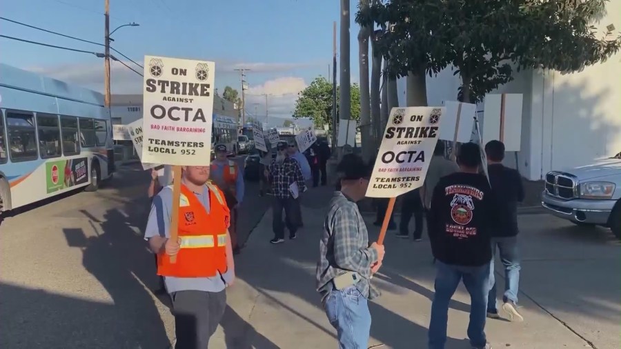 Teamsters members picketed the Orange County Transportation Authority on Nov. 3, 2022. (KTLA)