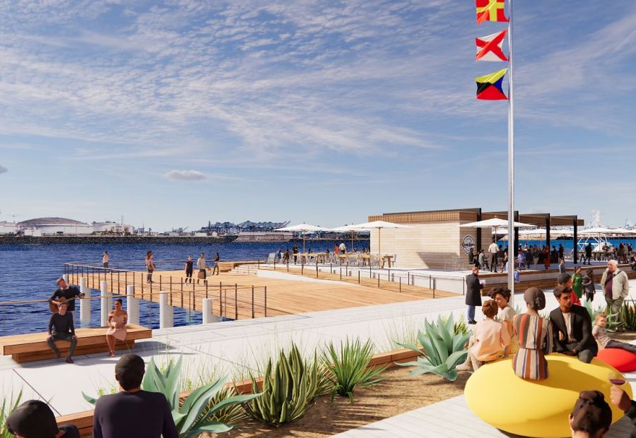 Boat docking at West Harbor waterfront in San Pedro. (Studio One Eleven)