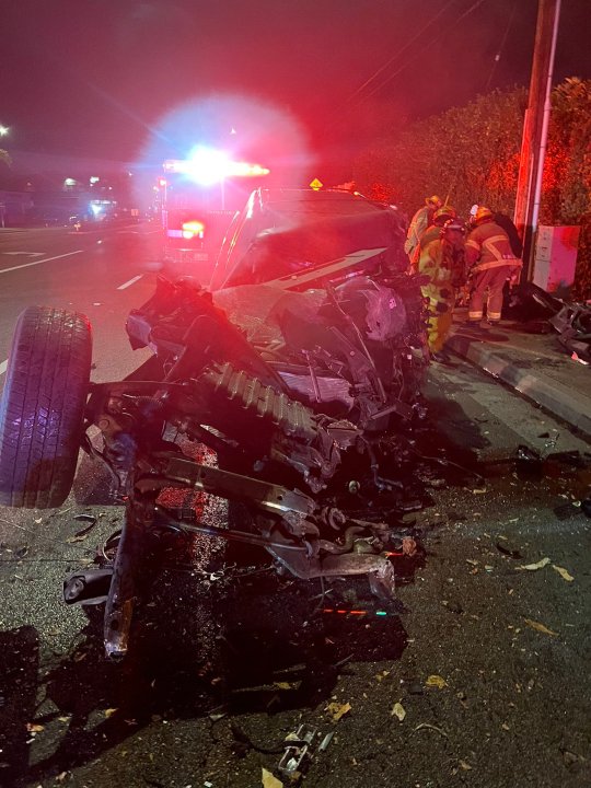 An SUV was in shambles after a Nov. 13, 2022, crash in Seal Beach. (Orange County Fire Authority)