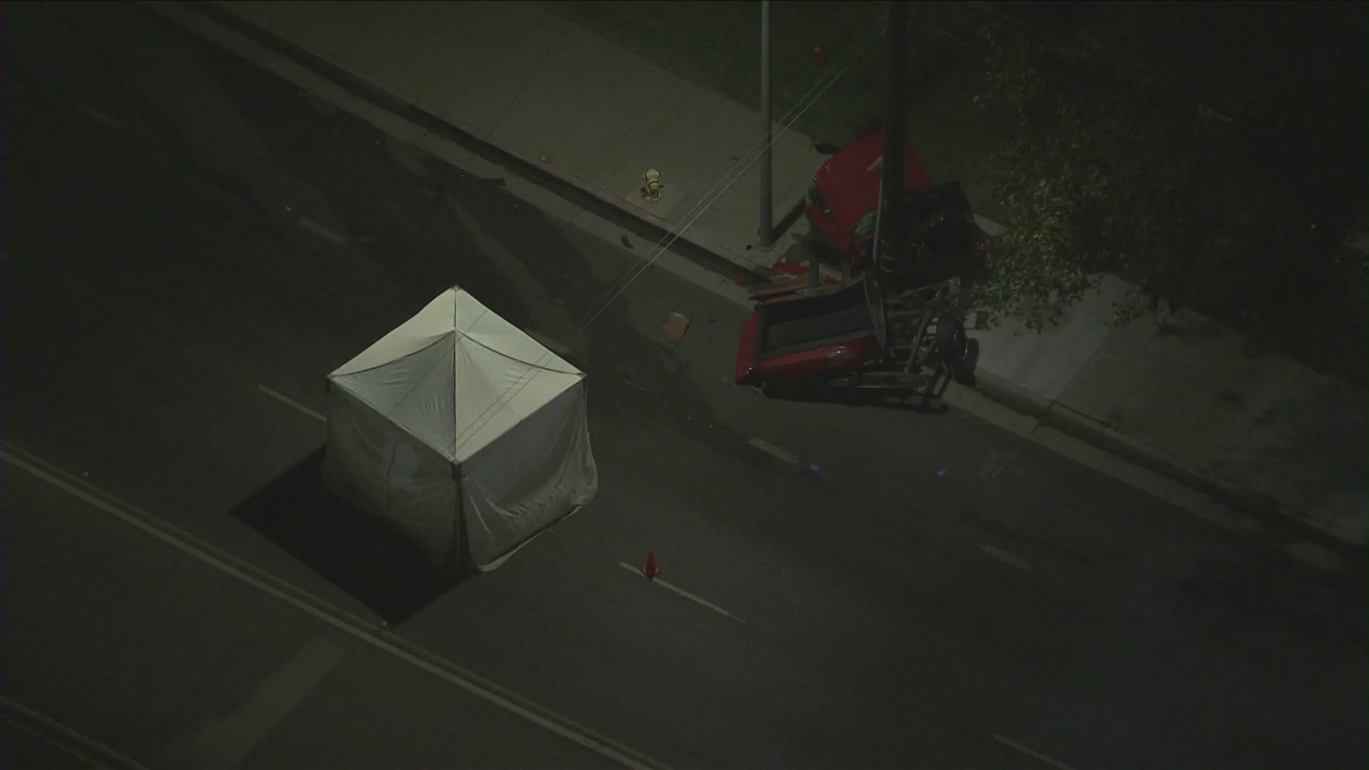 A fatal Chatsworth crash nearly split a pickup truck in half on Nov. 1, 2022. (KTLA)