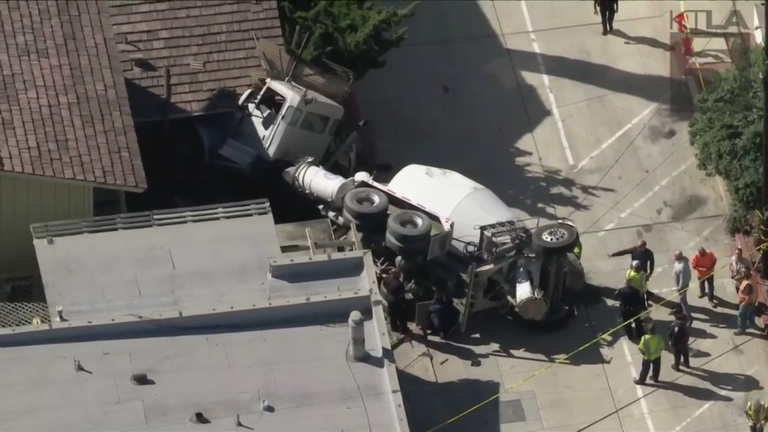 A cement truck crash into a home in Manhattan Beach on Nov. 16, 2022. (KTLA)