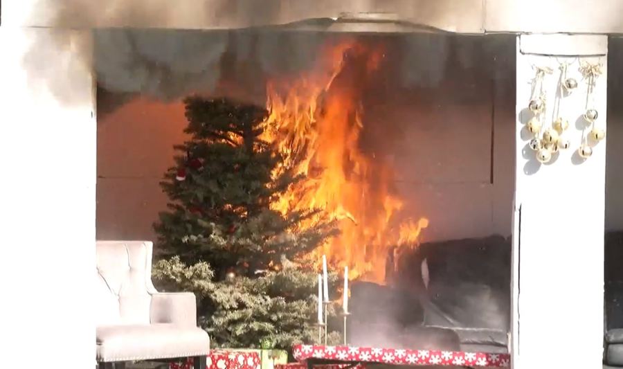 Orange County Fire Authority demonstrates holiday tree fires in a Storyful video on Dec. 13, 2022.