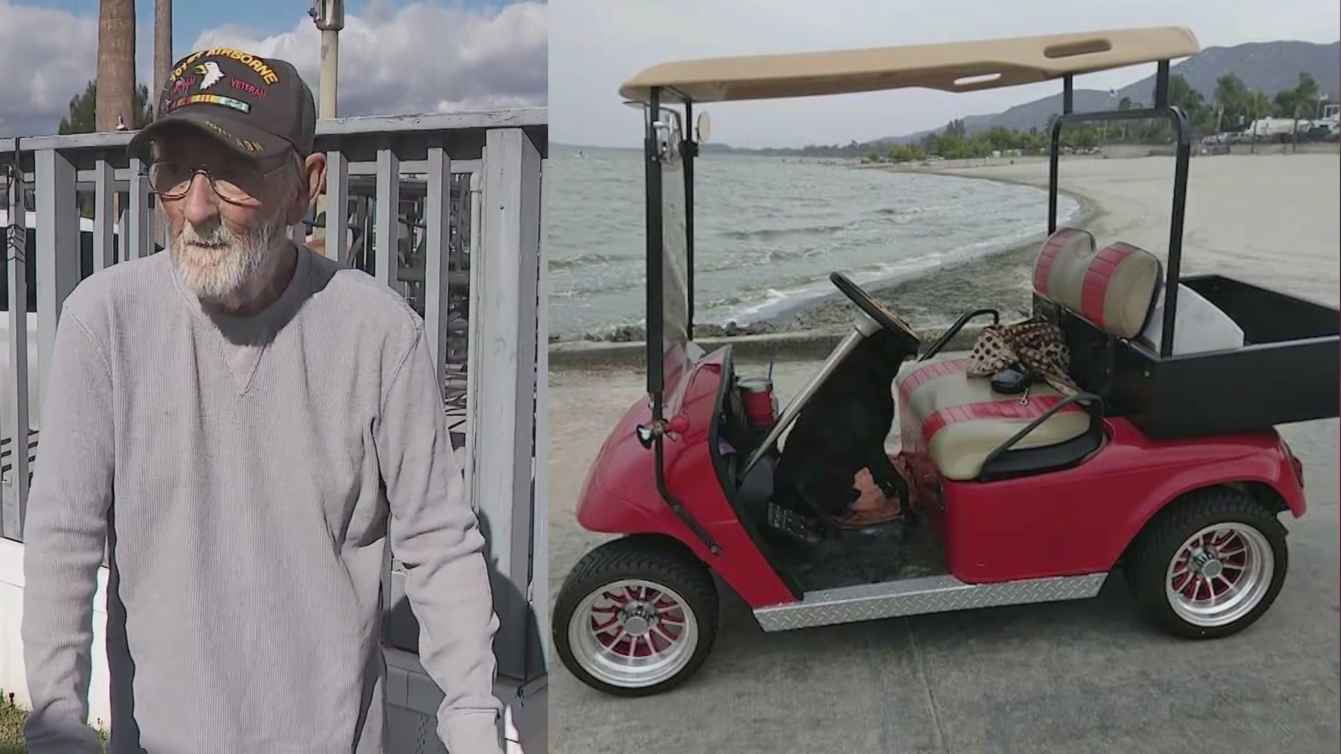 Dave Stotler and a photo of his stolen golf cart. (KTLA)