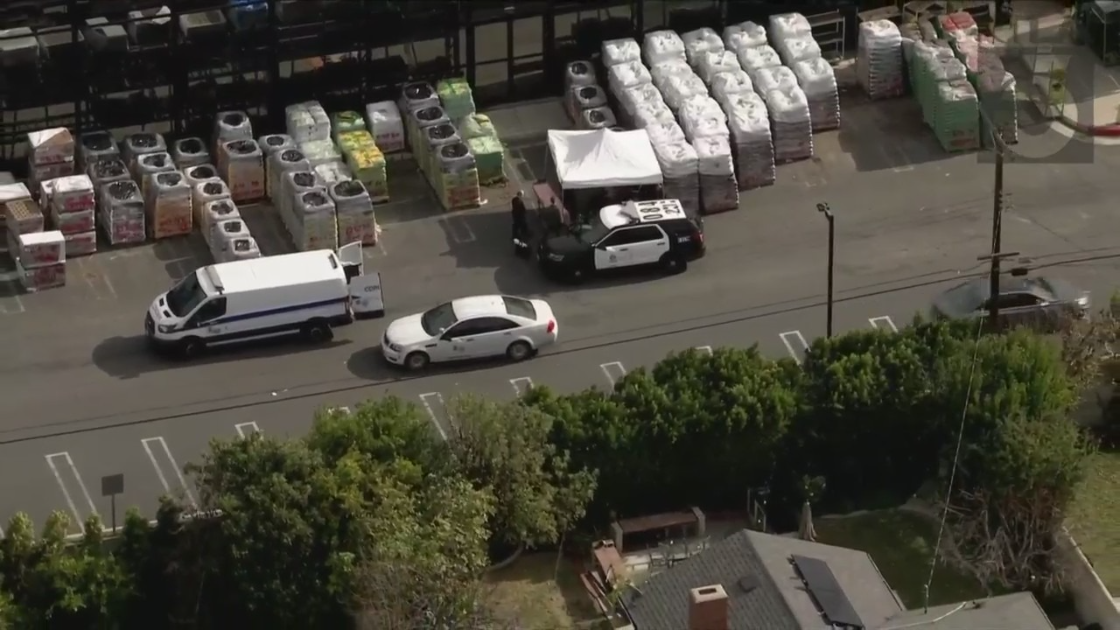 Police respond to a death investigation in the parking lot of a West Hills Home Depot on Dec. 16, 2022. (KTLA)