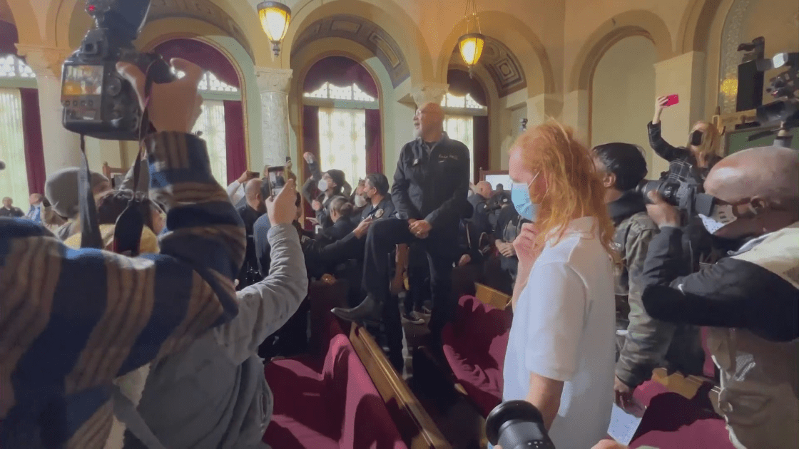 Demonstrators gathered at the Los Angeles City Council meeting on Dec. 13, 2022. (KTLA)