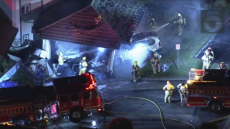 Sky5 images show the aftermath of a vehicle slamming into the garage of a Glendora home on Dec. 28, 2022.