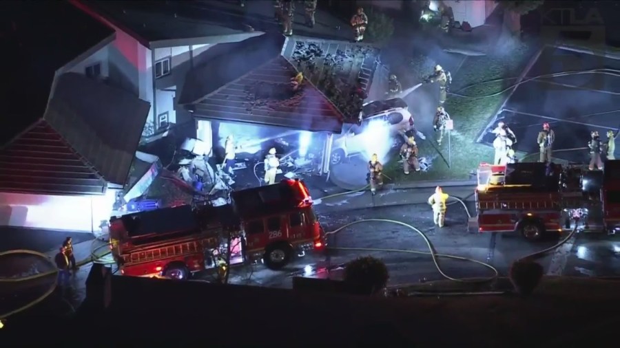 Sky5 images show the aftermath of a vehicle slamming into the garage of a Glendora home on Dec. 28, 2022.