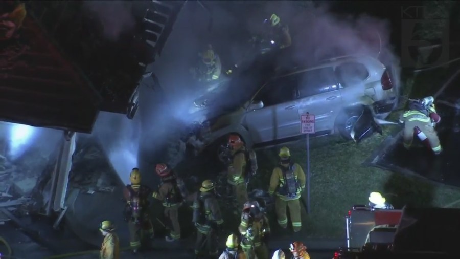 Sky5 images show the aftermath of a vehicle slamming into the garage of a Glendora home on Dec. 28, 2022.