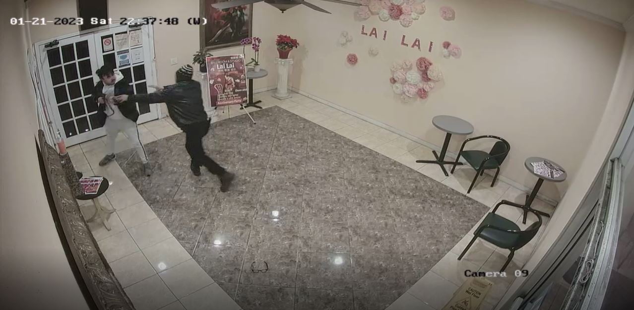 New surveillance video shows the violent struggle between the suspected Monterey Park gunman and the 26-year-old man who disarmed him at the Lai Lai Ballroom on Jan. 21, 2023.