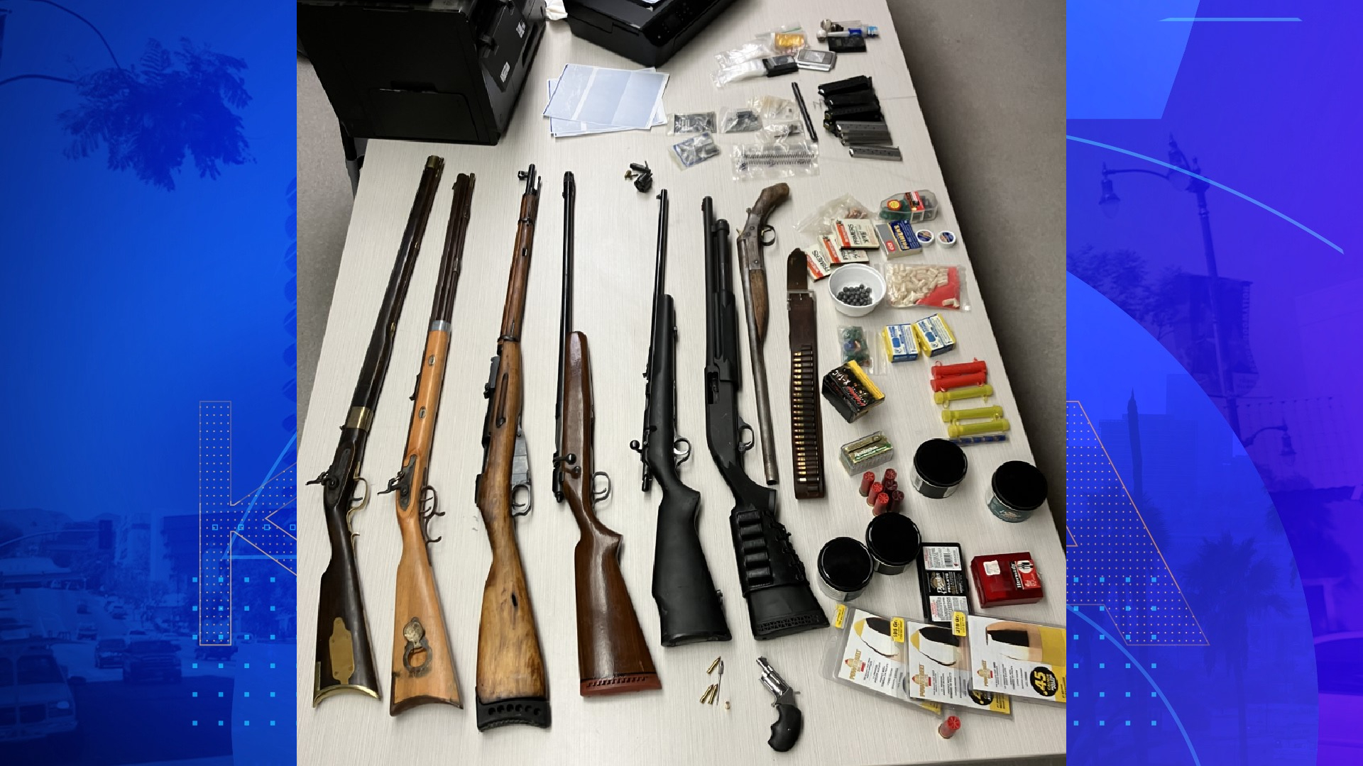 Authorities say they found eight guns, fraudulent check equipment and drugs in Big Bear on Jan. 23, 2023. (San Bernardino County Sheriff's Department)