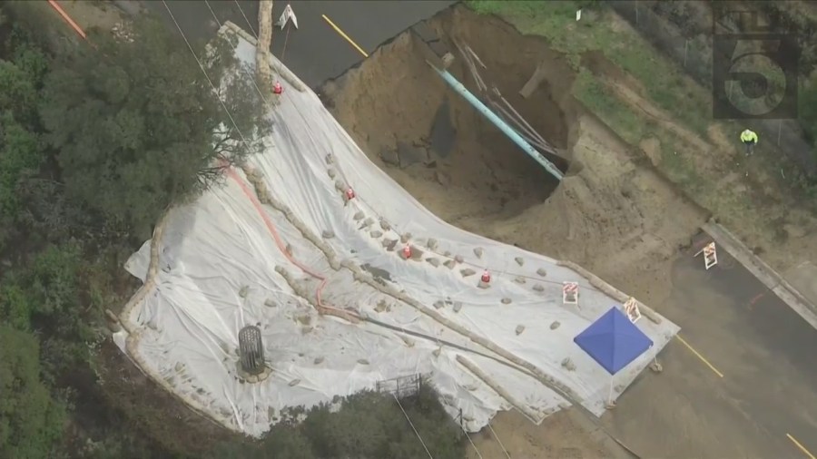 A Chatsworth road remains closed on Jan. 15, 2023, due to a gaping sinkhole. (KTLA)