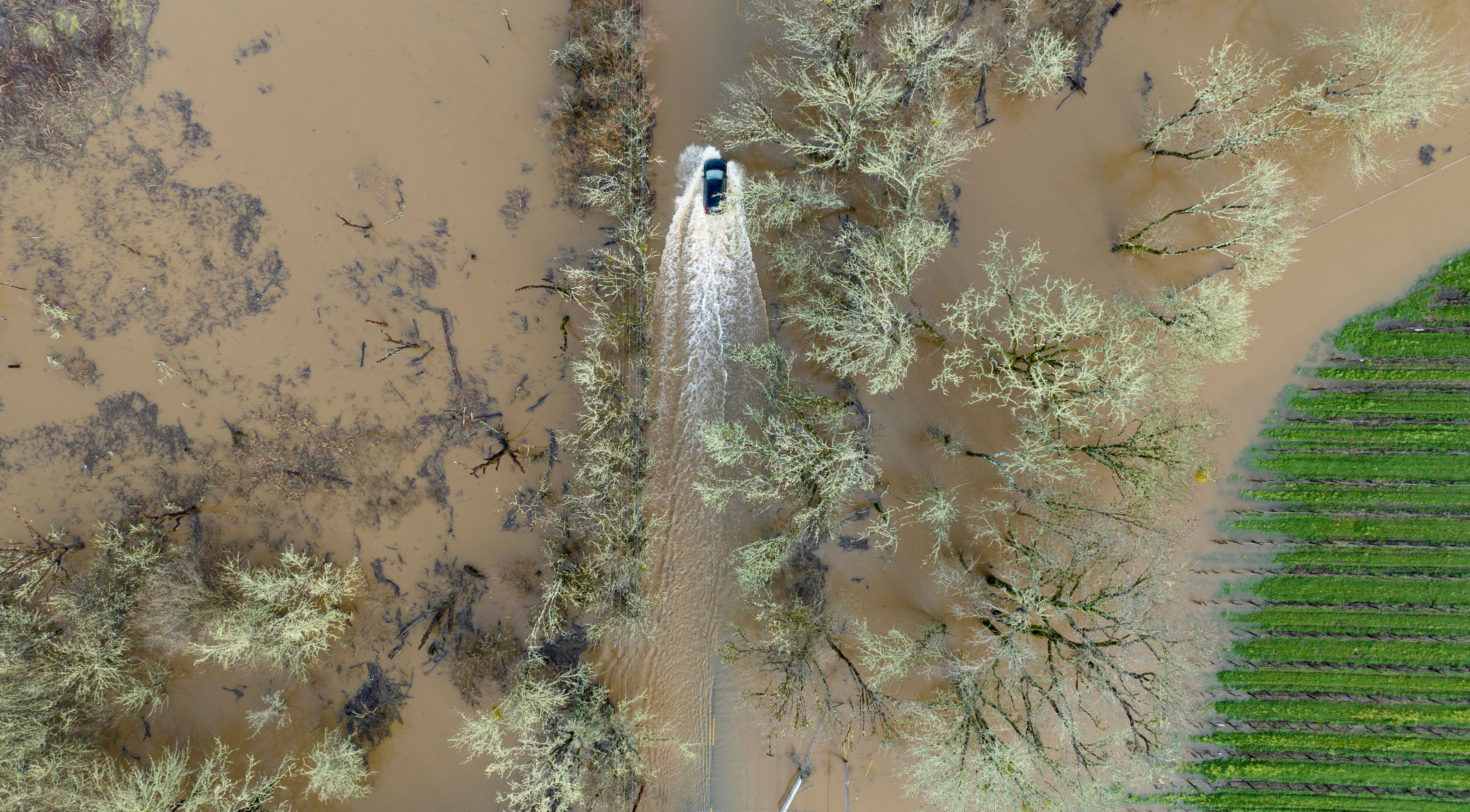 A vehicle drives on a flooded road in Sebastopol, California, on Jan. 5, 2023. (JOSH EDELSON/AFP via Getty Images)