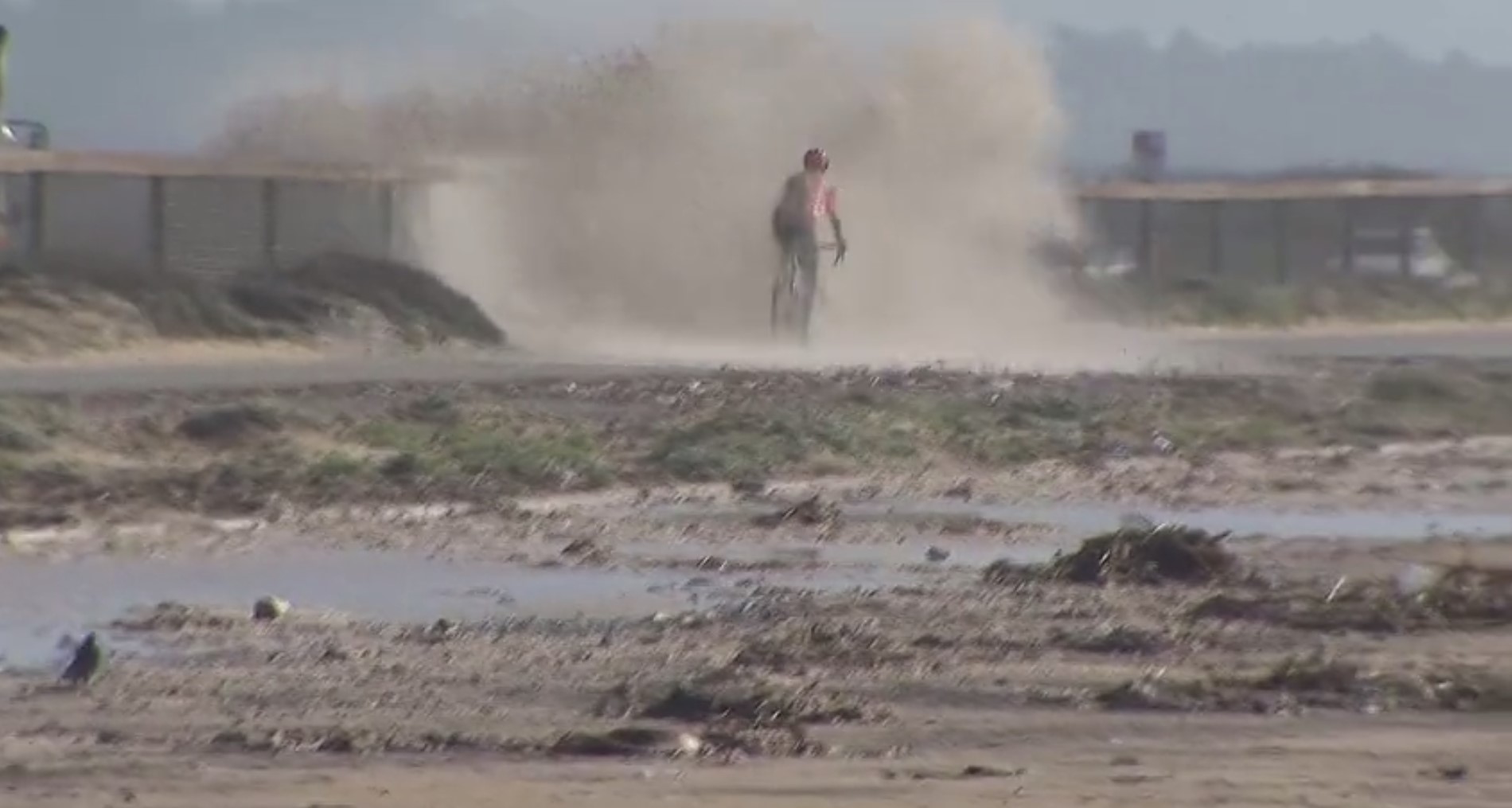 A CalTrans truck doused a bicyclist in Huntington Beach on Jan. 6, 2023. (KTLA)