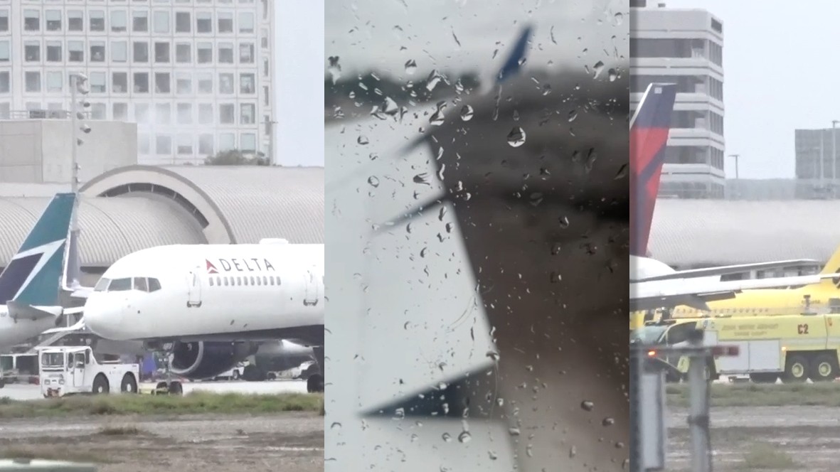 Passenger video shows heavy smoke billowing from the wing of a Delta Airlines plane at John Wayne Airport on Jan. 10, 2023. (OnScene.TV)