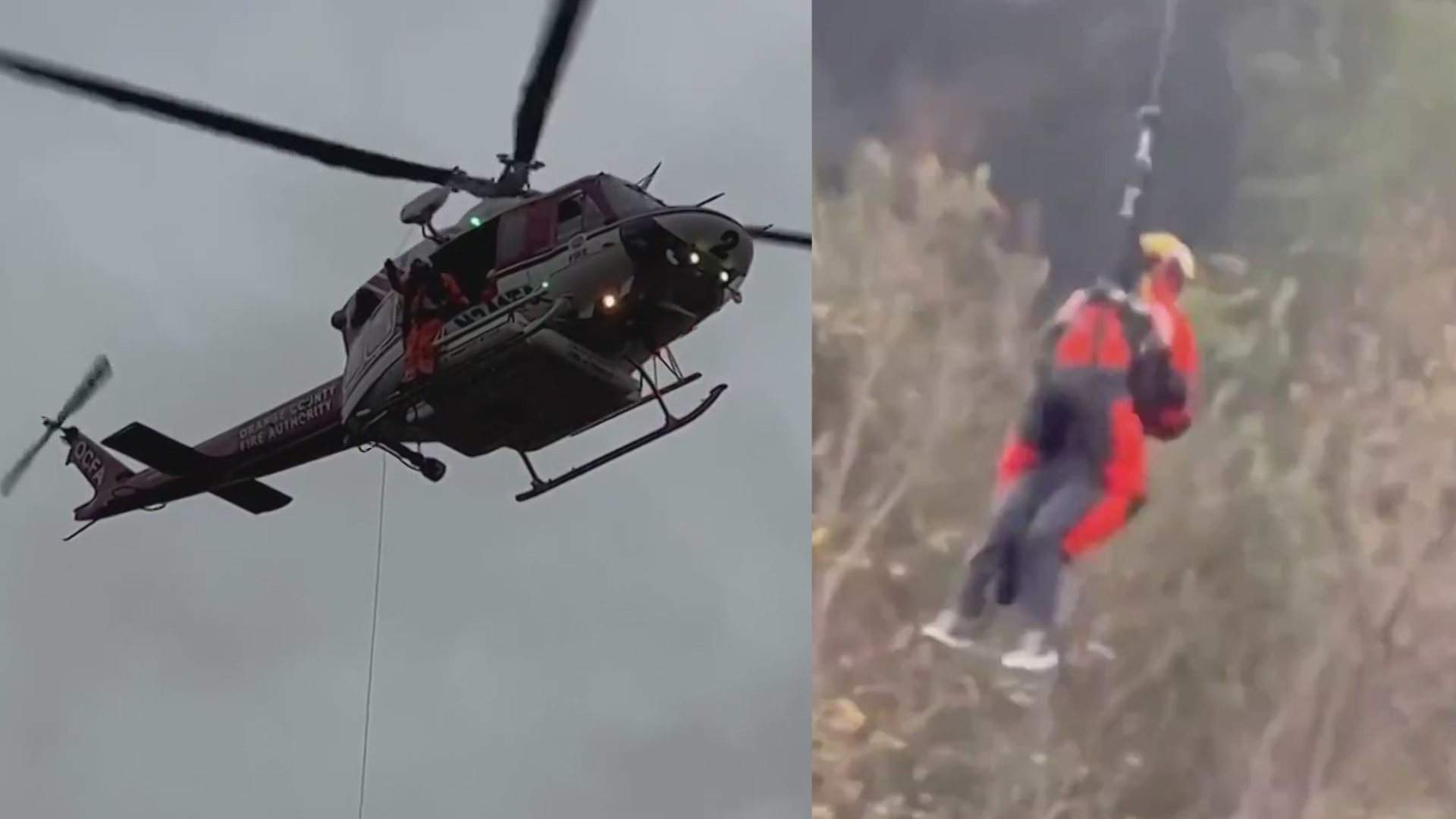 A helicopter rescue of a juvenile trapped in rushing creek waters in Laguna Hills on Jan. 14, 2023. (O.C. Fire Authority)