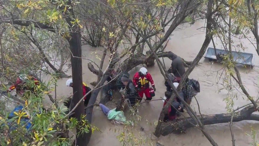 Several people were rescued from a riverbed encampment in Ventura following heavy rainfall that flooded the river on Jan. 9, 2023.