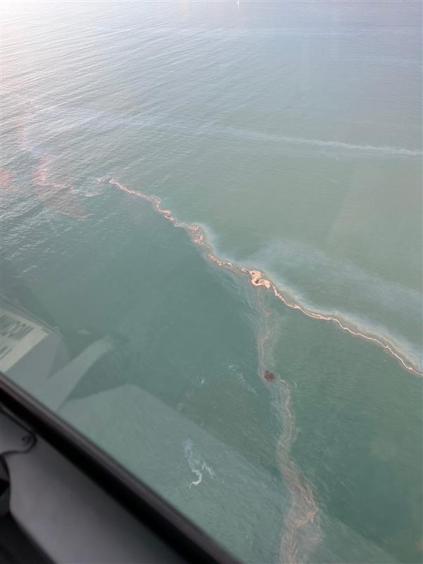 A U.S. Coast Guard provided this photo after a crew flew over an oil sheen off of Summerland Beach in Santa Barbara, California, on Jan. 7, 2023.