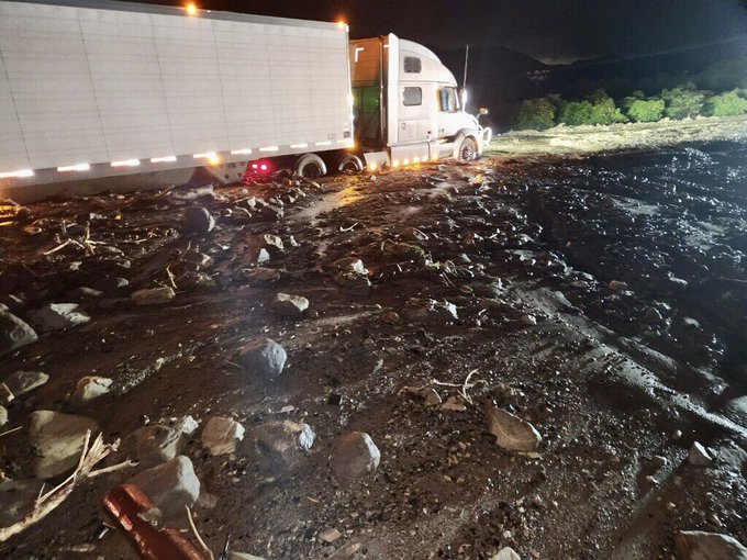 Officials closed a portion of SR-126 after several vehicles, including a semi, became stuck in a mud flow across all lanes on Jan. 9, 2023.(CHP Moorpark)