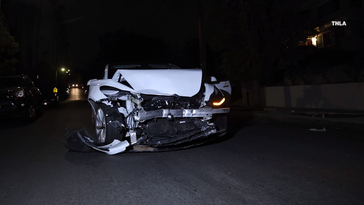 A Tesla suffered significant damage after an alleged hit-and-run in Silver Lake on Jan. 13, 2023. (TNLA)