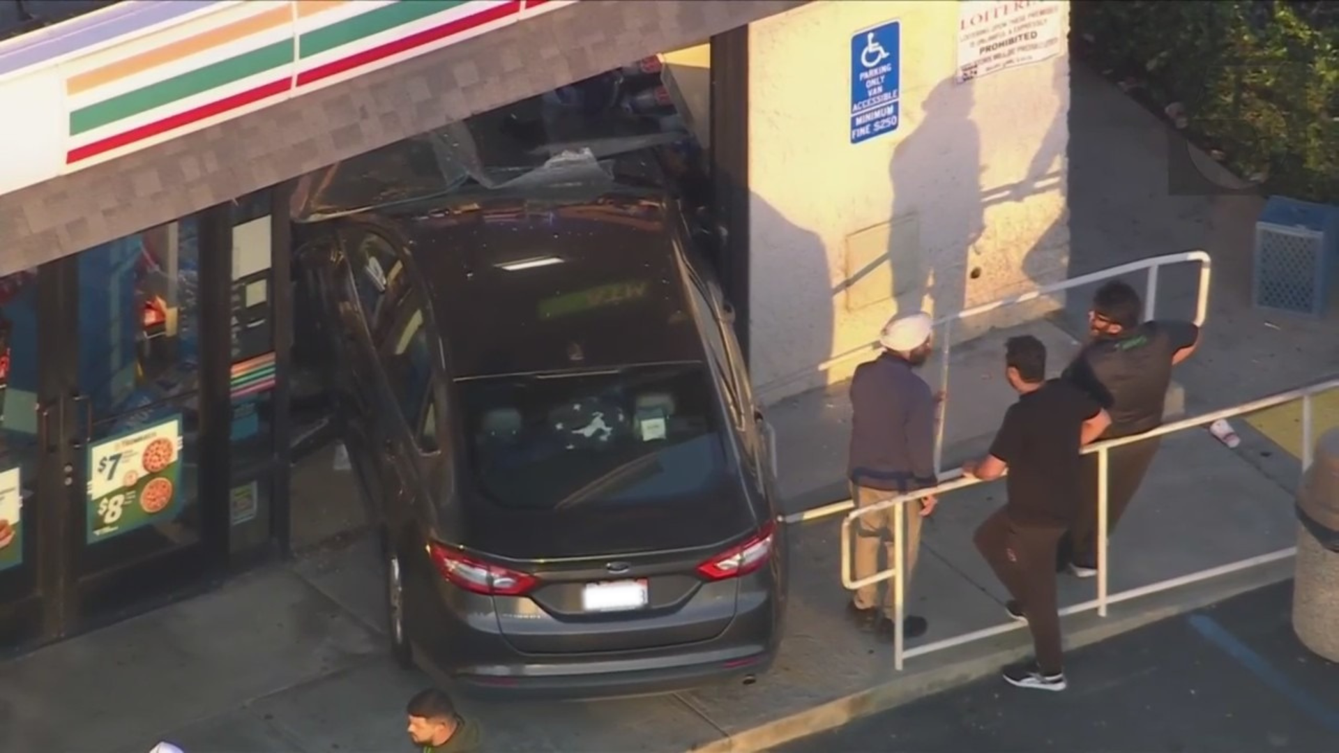 Sky5 images show the aftermath of a vehicle crashing into a 7-Eleven in Pico Rivera on Jan. 20, 2023.