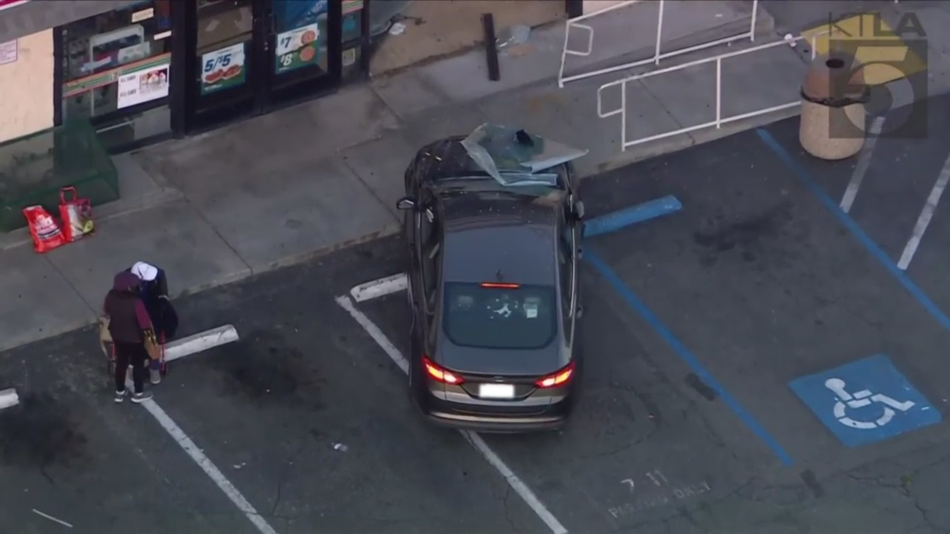 Sky5 images show the aftermath of a vehicle crashing into a 7-Eleven in Pico Rivera on Jan. 20, 2023.