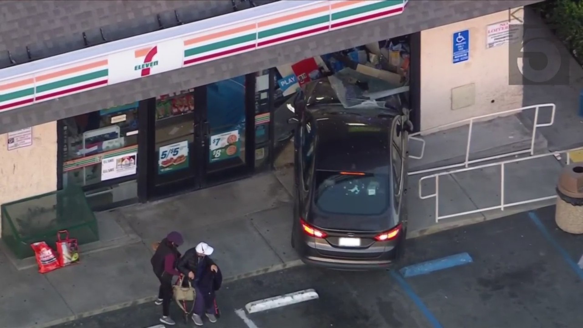 Sky5 images show the aftermath of a vehicle crashing into a 7-Eleven in Pico Rivera on Jan. 20, 2023.