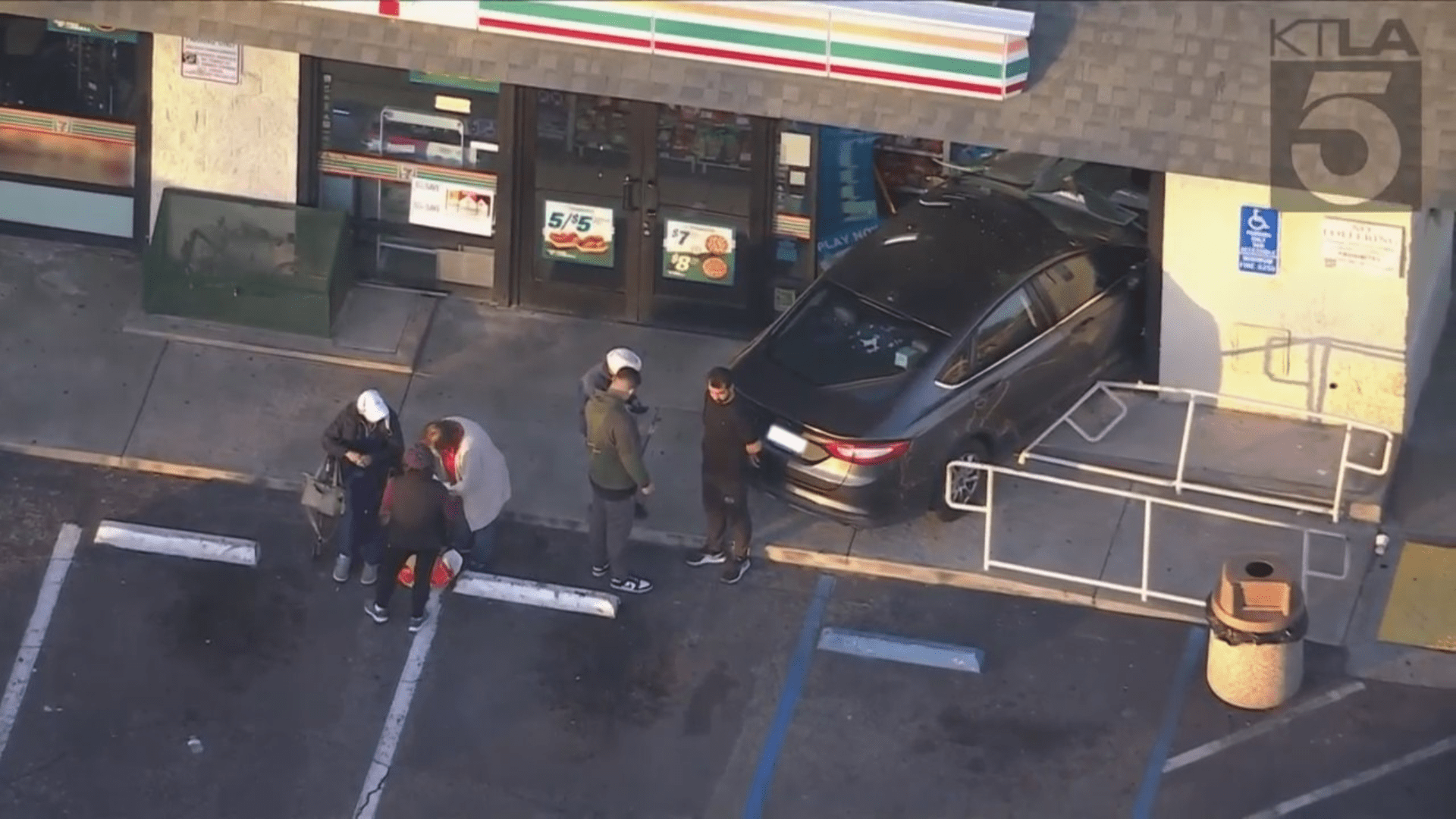 Sky5 images show the aftermath of a vehicle crashing into a 7-Eleven in Pico Rivera on Jan. 20, 2023.