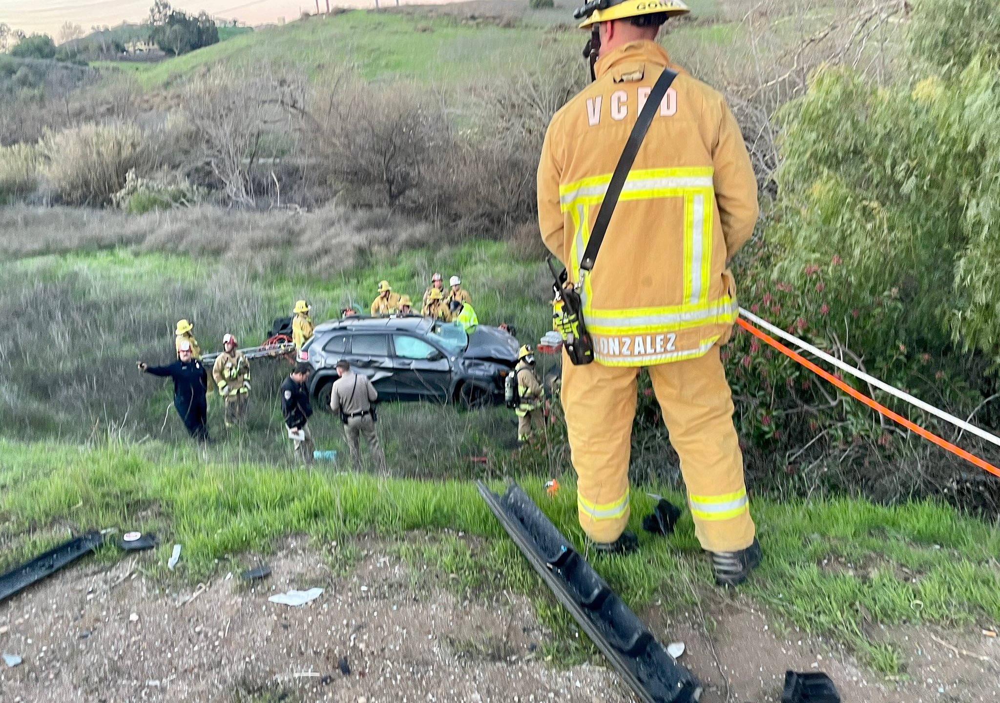 A fatal crash in Moorpark on Jan. 20, 2023, sent one car down an embankment. (Ventura County Fire Department)