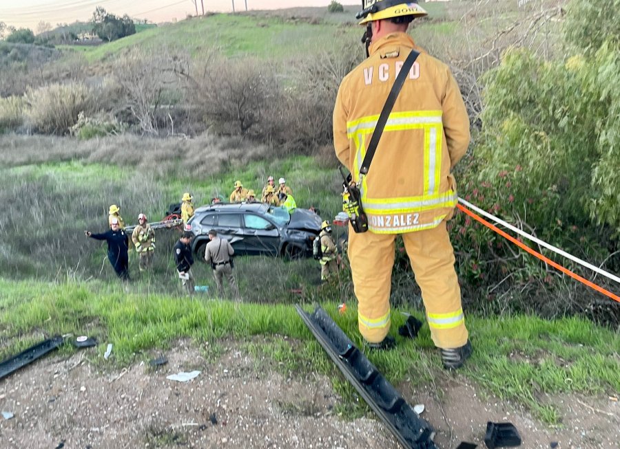 A fatal crash in Moorpark on Jan. 20, 2023, sent one car down an embankment. (Ventura County Fire Department)