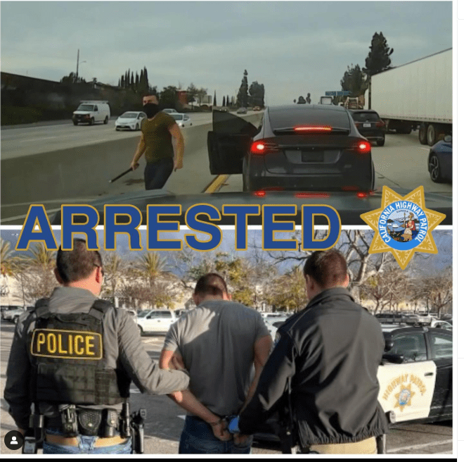 The suspect wanted in at least two road-rage incidents in L.A. is seen being taken into custody in a photo provided by the CHP on Jan. 30, 2023. 