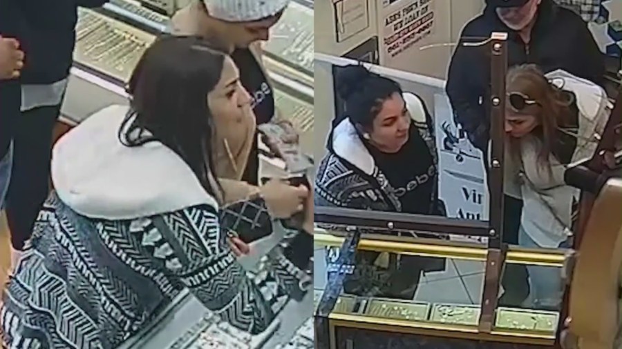 Thieves wearing the same recognizable jacket in two different instances — one at Jewelry Fixx, the other at Abe's Pawn Shop.