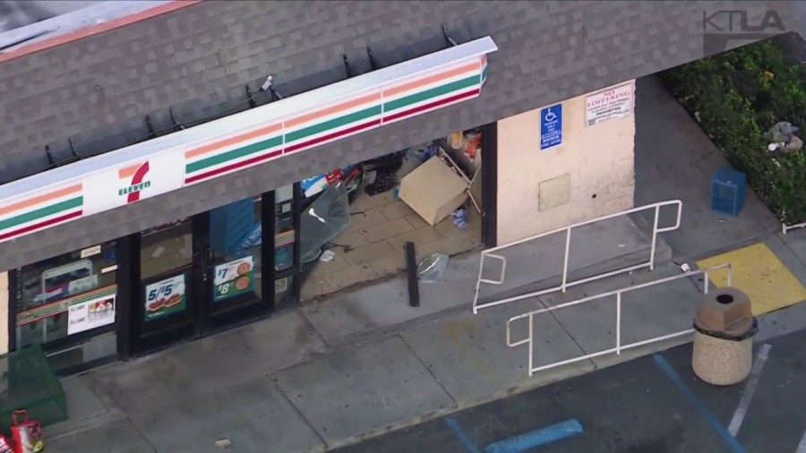 Sky5 images show the aftermath of a vehicle crashing into a 7-Eleven in Pico Rivera on Jan. 20, 2023.