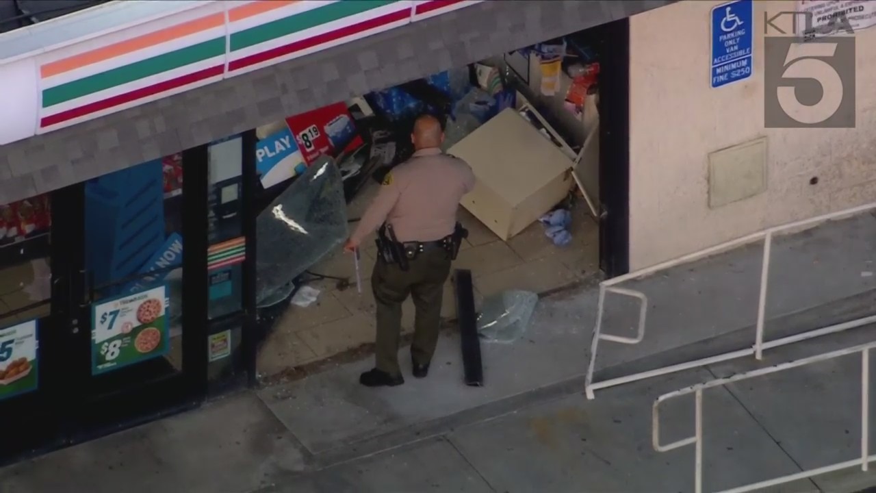 Sky5 images show the aftermath of a vehicle crashing into a 7-Eleven in Pico Rivera on Jan. 20, 2023.