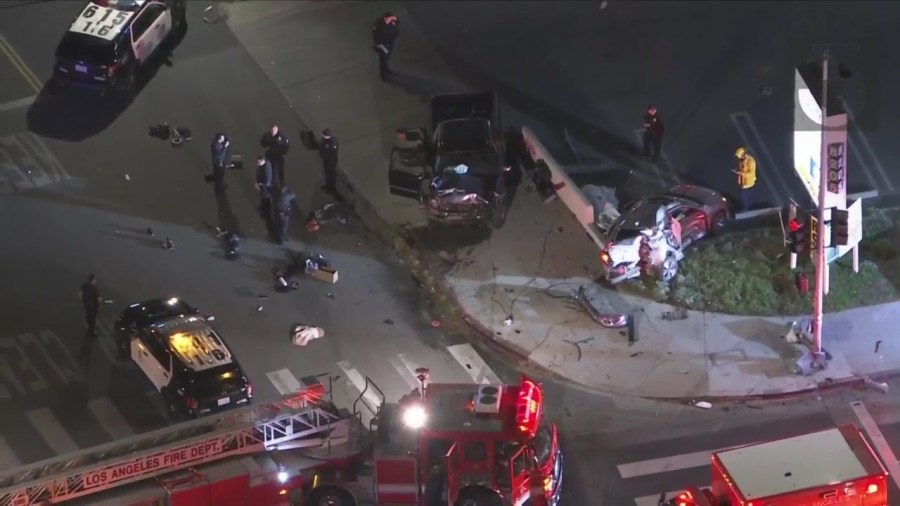 At least one person was killed after a police pursuit ended in Panorama City on Jan. 31, 2023. (KTLA)