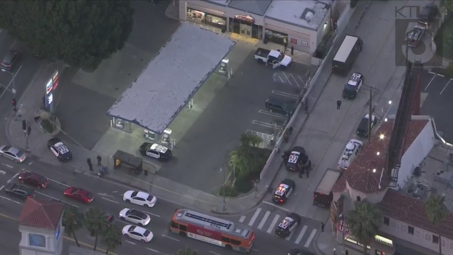 Sky5 footage shows the shooting happened outside of a West Hollywood gas station on Jan, 18, 2023. (KTLA)