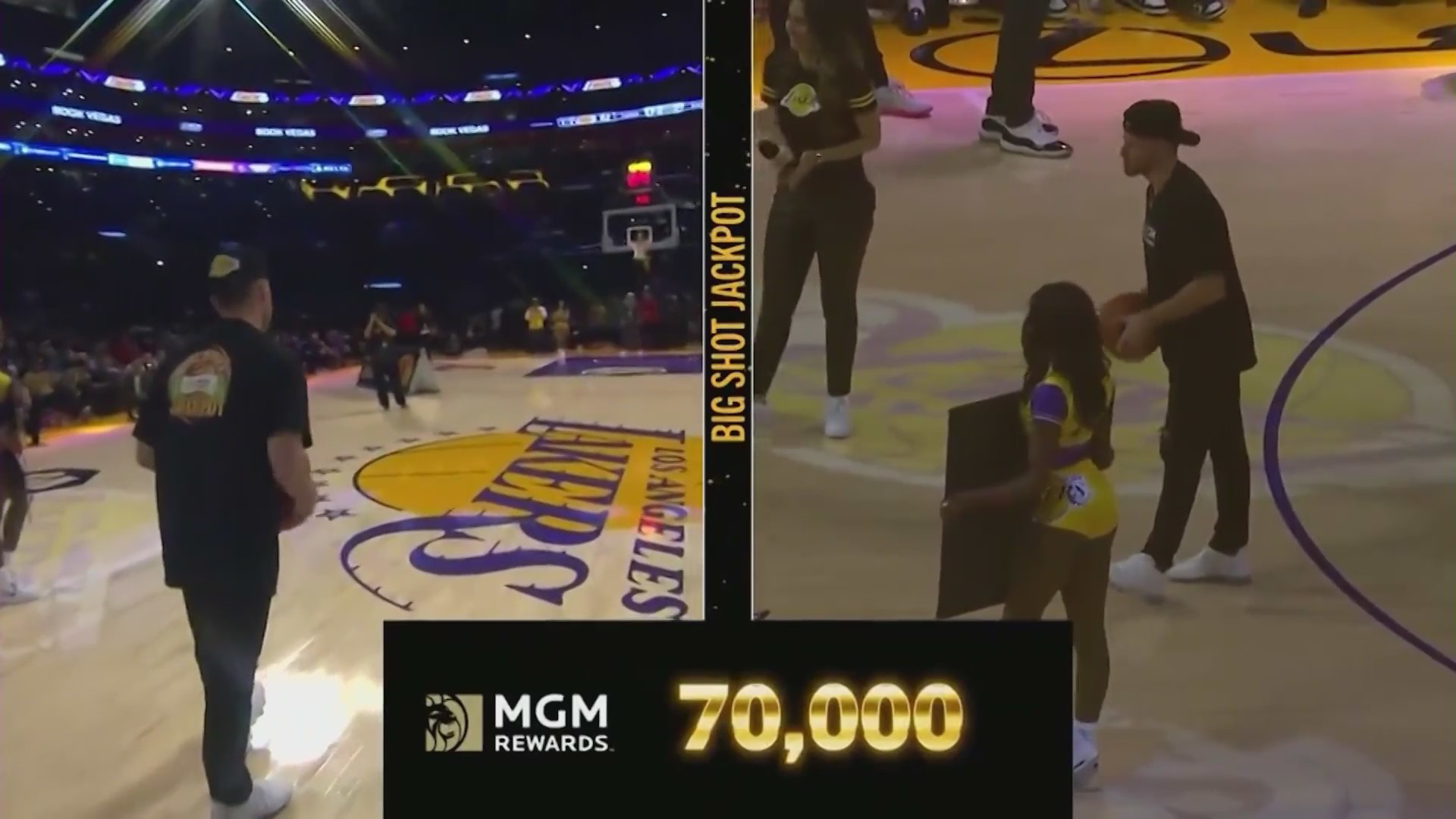 Lakers fan David Metcalf seen sinking half-court shot and winning $70,000 on Jan. 18, 2023.