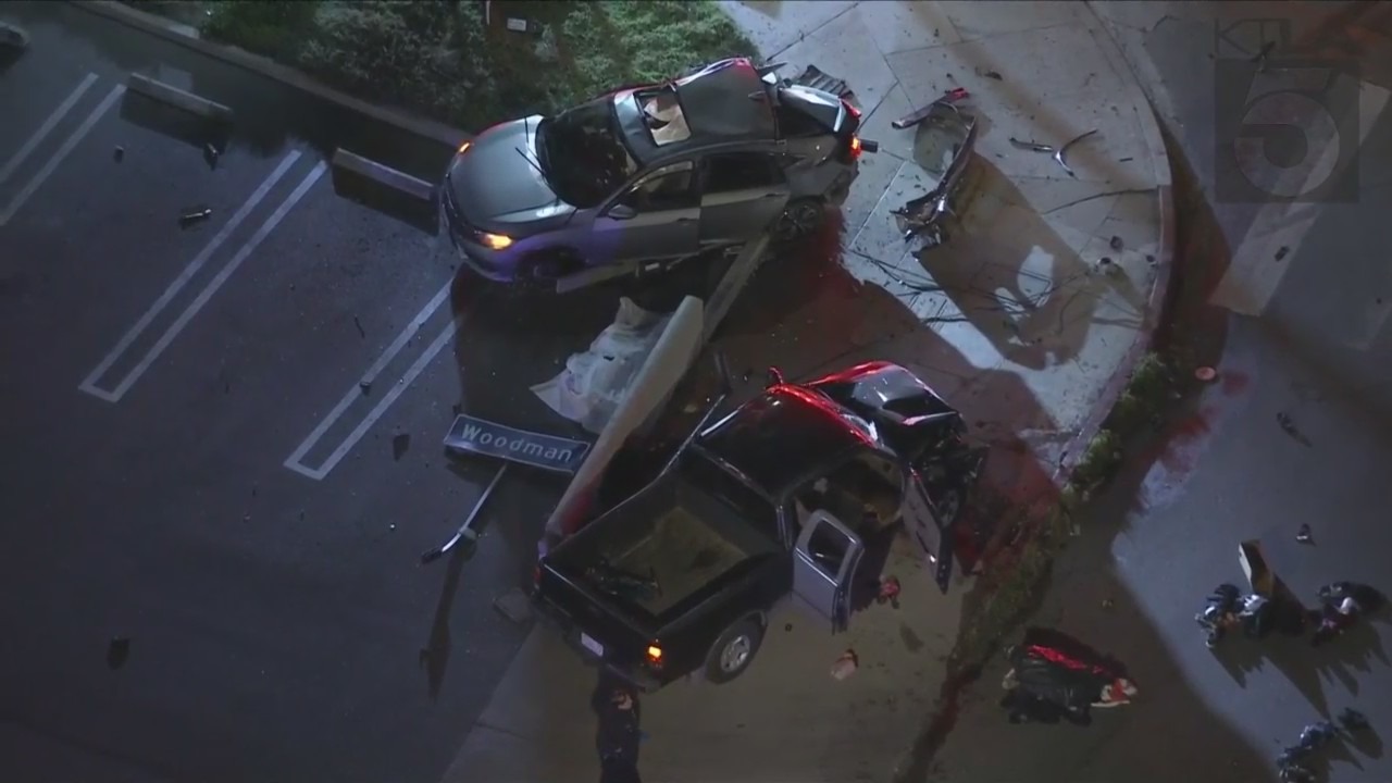 At least one person was killed after a police pursuit ended in Panorama City on Jan. 31, 2023. (KTLA)