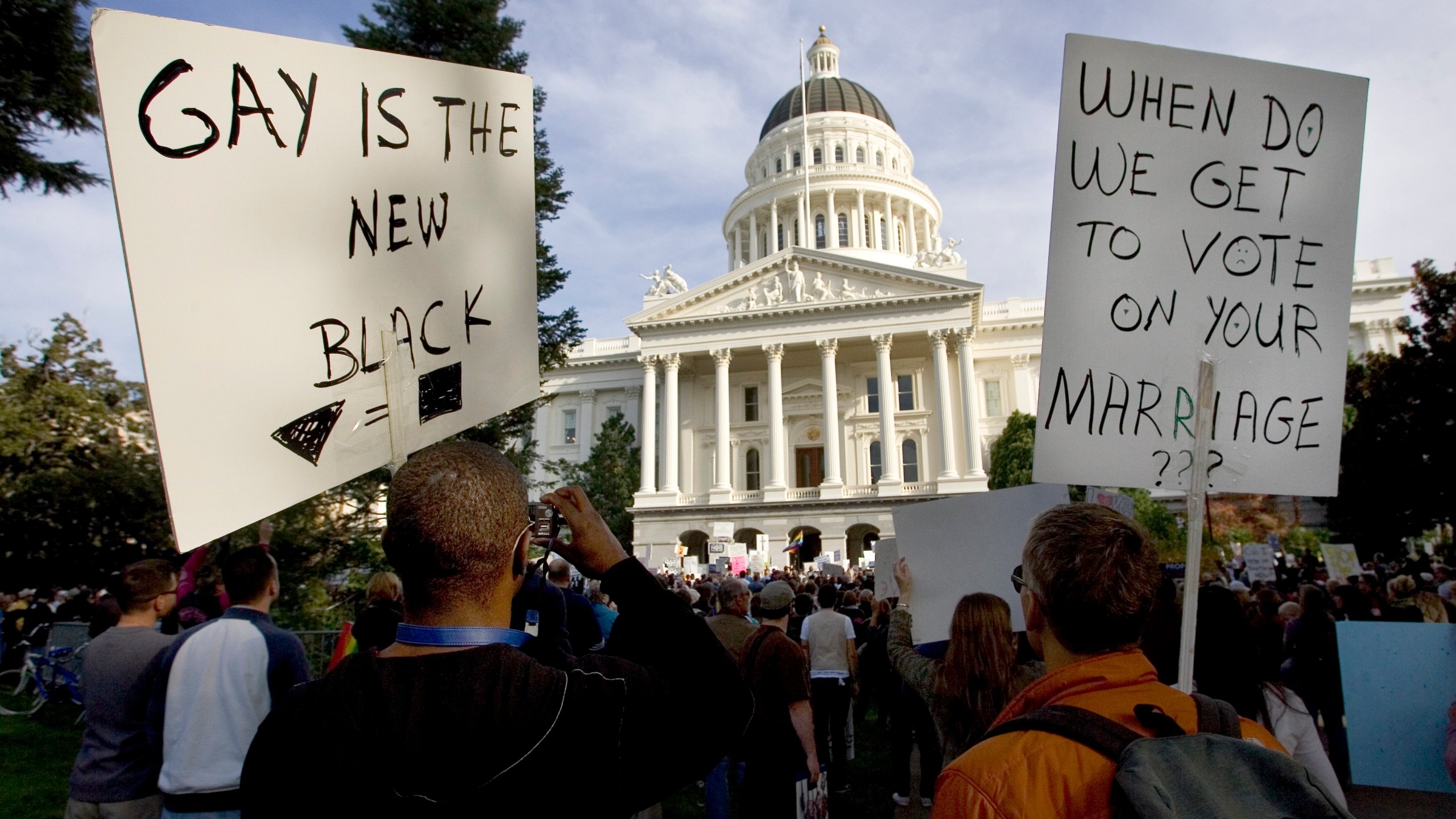 Protesters gather on the west steps of the state Capitol in Sacramento on Nov. 22, 2008 to protest the passage of Proposition 8. (Robert Durell/Associated Press)