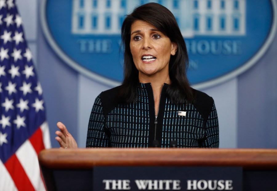 U.S. Ambassador to the United Nations Nikki Haley speaks during a news briefing at the White House, in Washington, Sept. 15, 2017. (Carolyn Kaster/Associated Press)