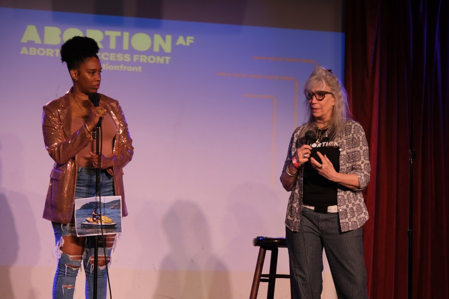 Lizz Winstead, right, and Joyelle Nicole Johnson addressed the crowd at "Bro v. Wade" in Brooklyn on May 22, 2022. (Abortion Access Front)