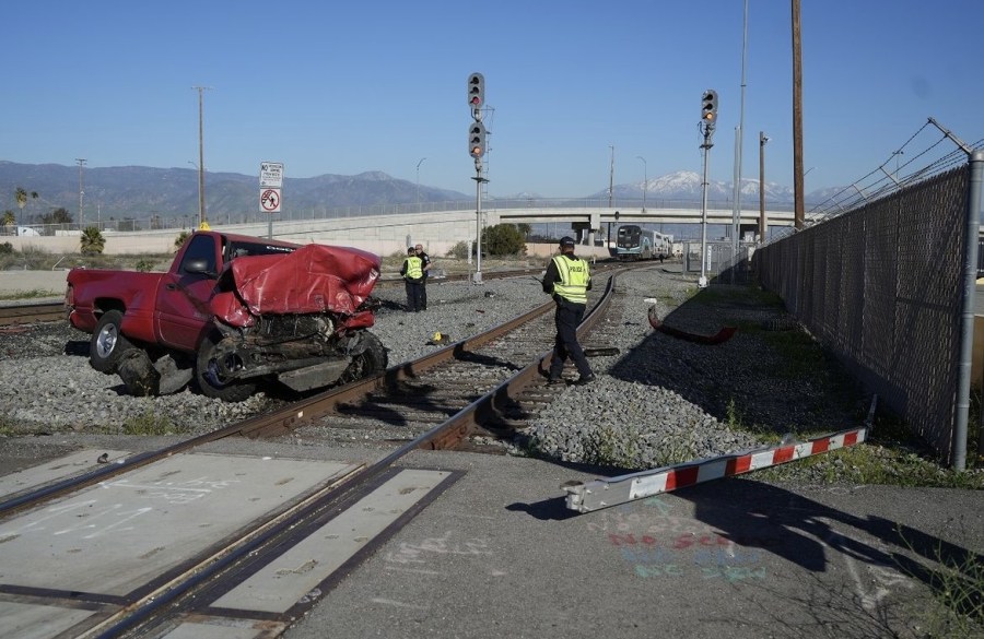 Aftermath of a crash involving a Metrolink train and a pickup truck in San Bernardino on Feb. 8, 2023. (San Bernardino Police)