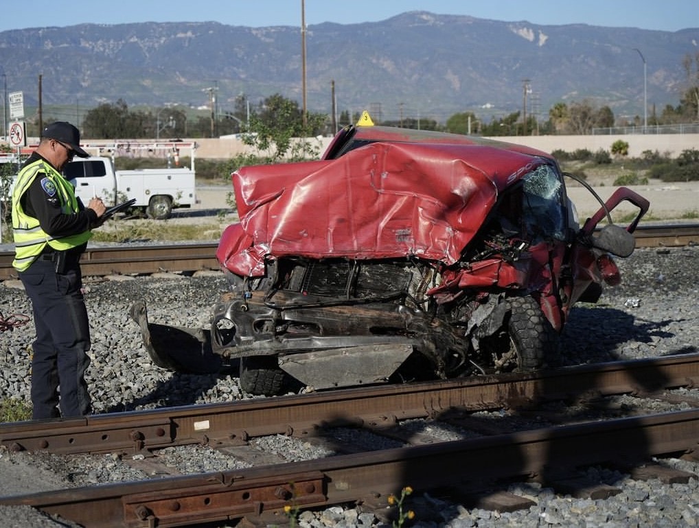 Aftermath of a crash involving a Metrolink train and a pickup truck in San Bernardino on Feb. 8, 2023. (San Bernardino Police)