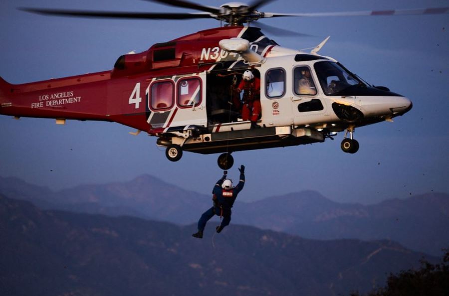 Rescue efforts after a woman drove off an embankment in Beverly Crest on Feb. 4, 2023. (LAFD)