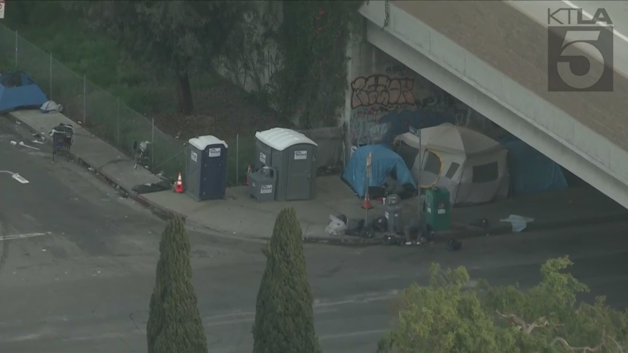 A homeless encampment near Culver City is shown on Feb. 14, 2023. (KTLA)