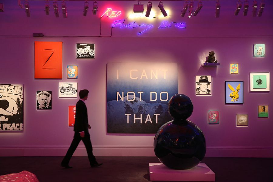 A painting by Edward Ruscha 'I Can't Not Do That'  dominates a room of objects up for auction at Sotheby's Bear Witness collection on March 4, 2015 in London, England. (Photo by Peter Macdiarmid/Getty Images)