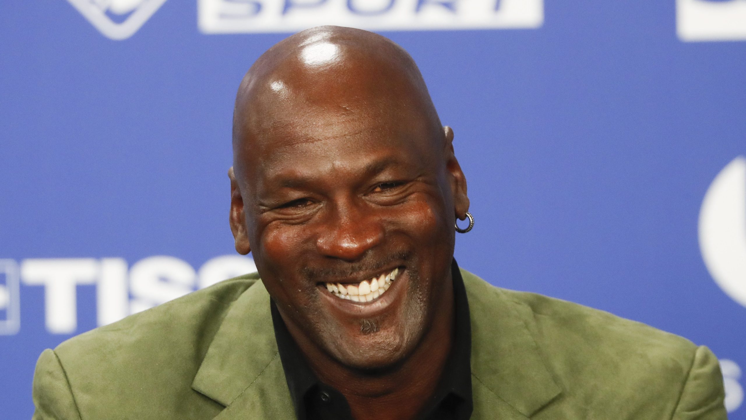 Basketball legend Michael Jordan speaks during a press conference ahead of an NBA basketball game between the Charlotte Hornets and Milwaukee Bucks in Paris on Jan. 24, 2020. (Thibault Camus/Associated Press)