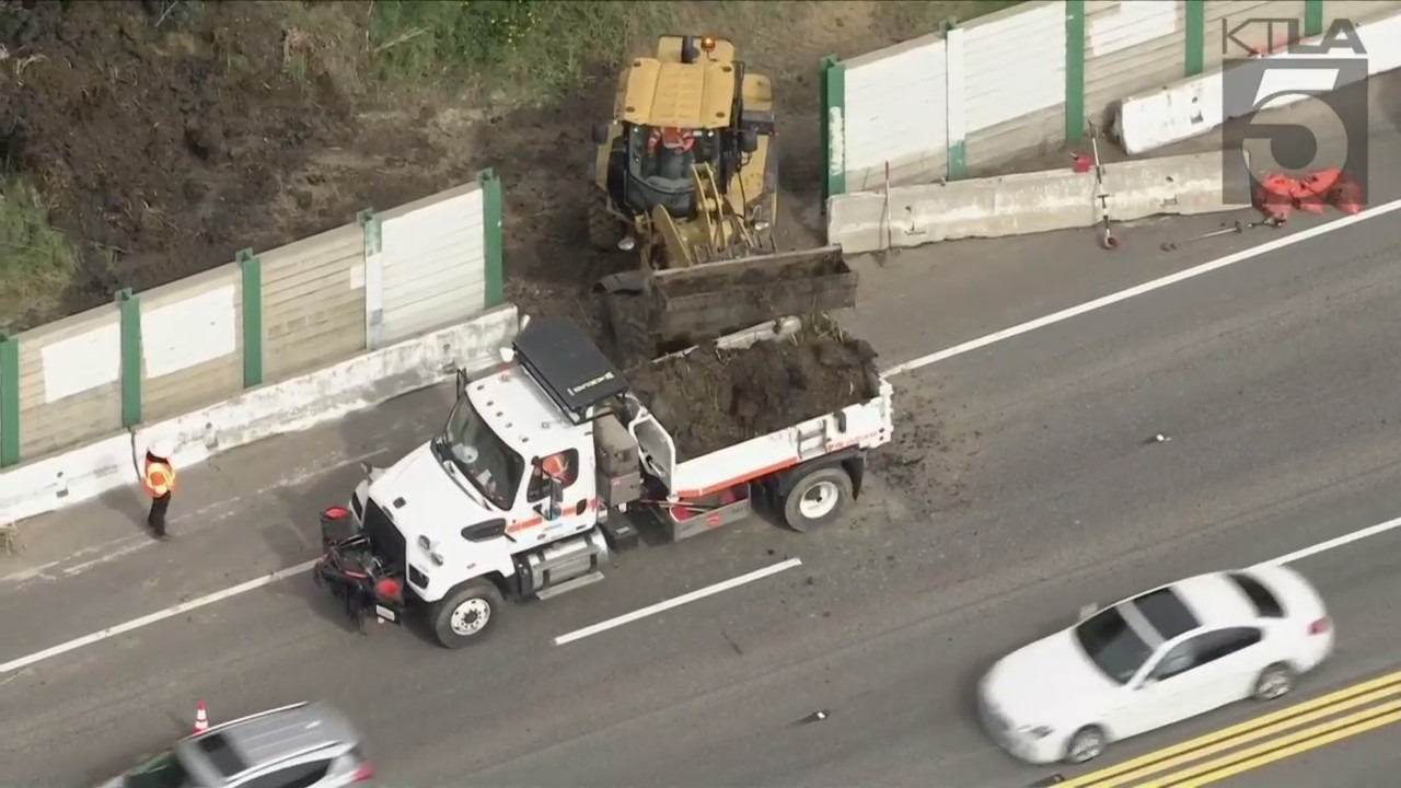 Caltrans removed dirt alongside the Pacific Coast Highway on Feb. 21, 2023. (KTLA)