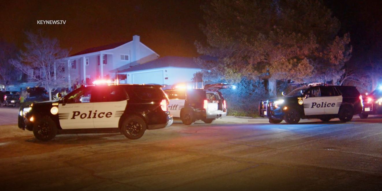 Authorities at the Newbury Park home after a man allegedly shot and killed his sister on Feb. 17, 2023. (KeyNews TV)